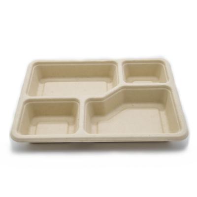 China Eco-Friendly Disposable Food Packaging Biodegradable Takeout Bamboo Fiber Disposable Food Serving 4 Compartment Tray With Lid for sale