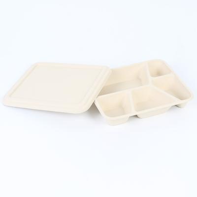 China OEM Environmental High Quality Compostable Bamboo Tray 5 Compartment Disposable Pulp Lunch Tray With Lid for sale