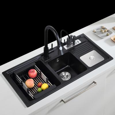 China With handmade faucet undermount fregadero price deep triple bowls best granite black quartz kitchen sink for sale