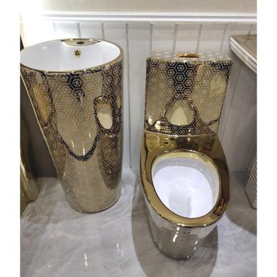 China Double-Flow Popular Luxury Sanitary Ware Gold Set WC Toilet and Ceramic One Piece Pedestal Wash Basin for sale