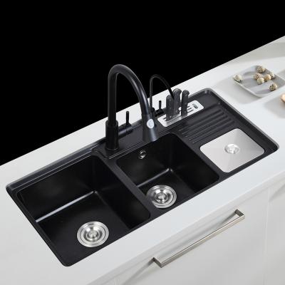 China With faucet large size granite cuarzo deep undermount fregadero triple bowls black quartz kitchen sink for sale