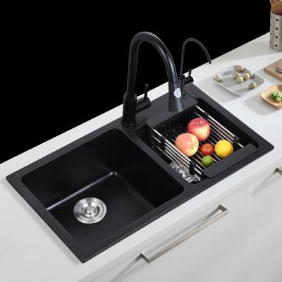 China With Quartz Modern Black Granite Design Small Double Faucet Kitchen Bowls Rectangular Kitchen Sinks for sale