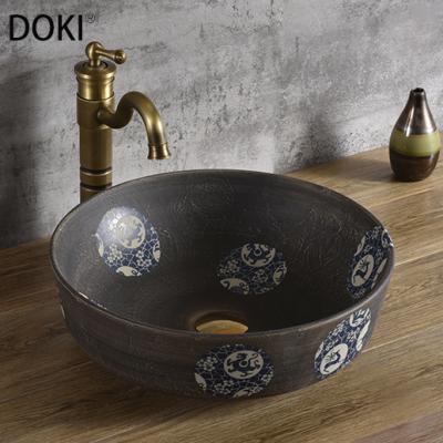 China Popular YL3406-6 Hotel Bathroom Hand Wash Basin Round Printing Dark Green Color Flower Ceramic Basin for sale