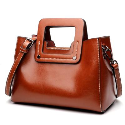 China Brown Portable Luxury Vintage Handbag Full Grain Leather Women's Tote Bag With Custom Printed Logo for sale