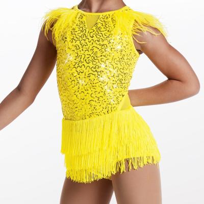 China Hot Selling Girls Sequin Lycra Jazz Costume Tassel Ostrich Feather Jazz Skirts Jazz Dance Costumes Dresses Girl Yellow Costumes for sale