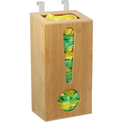 China Wall Mount Bamboo Garbage Bag Holder Wooden Trash Bag Dispenser for sale