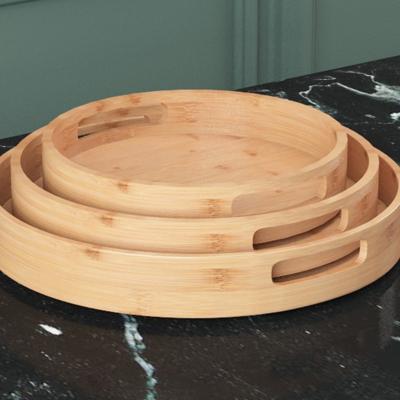 China 3pcs Set Round Bamboo Food Serving Tray with Handle for Home Living Room Kitchen for sale