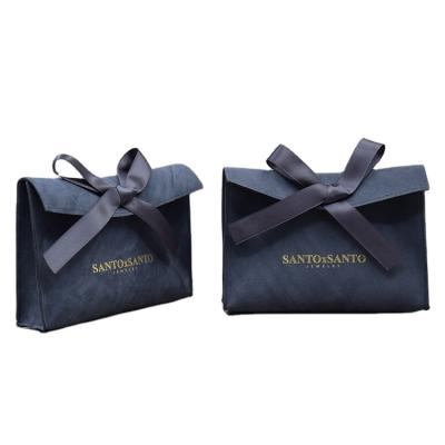 China Recyclable New Design Custom Logo Printed Envelope Perfume Cosmetic Bag Luxury Suede Flap Jewelry Necklace Pouch With Ribbon Bow for sale