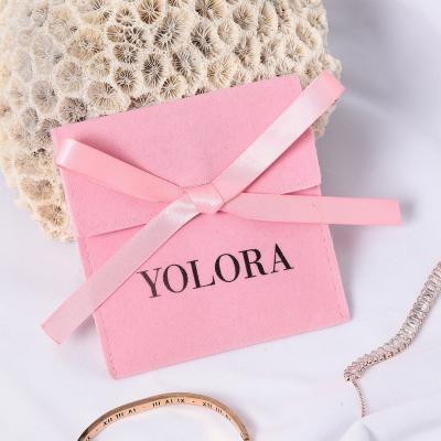 China Recyclable Customized Logo Double Layer Satin Lined Gift Watch Bag Pink Envelope Velvet Flap Pouch With Bow for sale