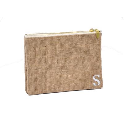 China Beautiful NATIONAL New Design Jute Burlap Zipper Promotional Cosmetic Make Up Organizer Bag Clutch Bag With Striped Cotton for sale