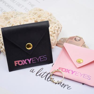 China Custom Logo Jewelry Necklace Gift Packaging Bag Pink Button Closure Mini PU Leather Jewelry Pouch for sale