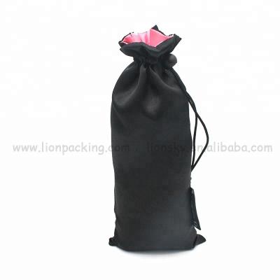 China Custom Jewelry Logo Black Satin Wine Bottle Drawstring Bag With Printing for sale