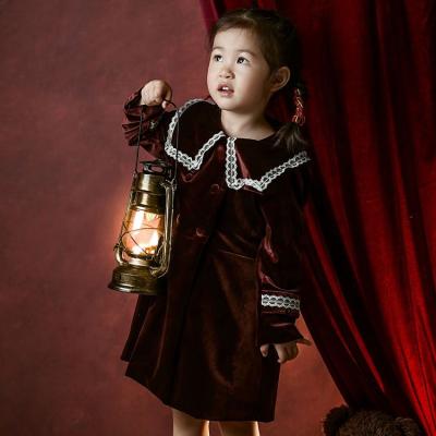 China Autumn Fashion Golden Velvet Dress Anti-wrinkle new long sleeve burgundy sleeve lace princess Girls Clothing for sale