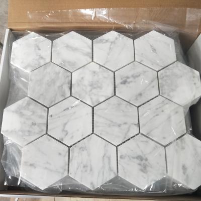 China Parquet Bathroom Bianco Cararra Hexagon Honed Marble Mosaic for sale