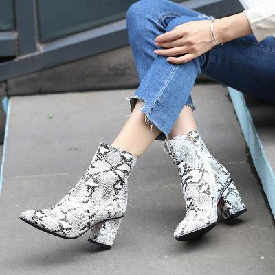 China Fashion Toe Snake Print Thick High Fashion Trend New Led Women's Shoes Ankle Heeled Women's Boots for sale