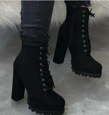 China Fashion Trend Solid Color Winter Lace Up High Heel Platform Women Ankle Boots Women Boots for sale