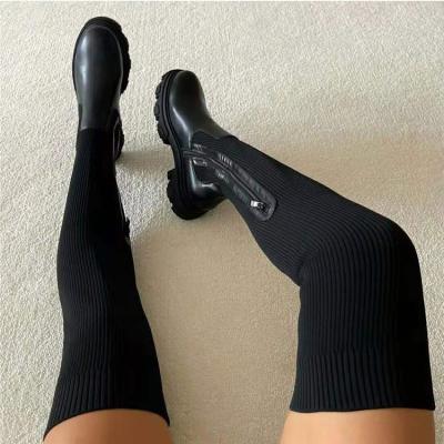 China Winter Fashion Solid Color Waterproof Leather Knitted Over The Leg High Heel Women Knee Highs Kicks Long Boots Women Shoes for sale