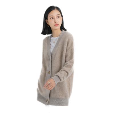 China Anti-pilling Hot Sale 100% High End Brushed Knit Cashmere Cardigan Middle And Long V Neck Coat for sale