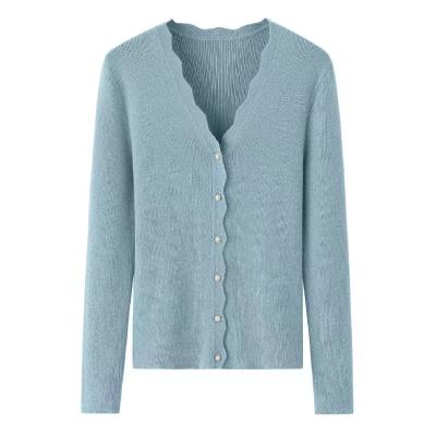 China 100% pure cashmere direct sales camel ruffle solid color cheap pearl button knit cardigan for sale