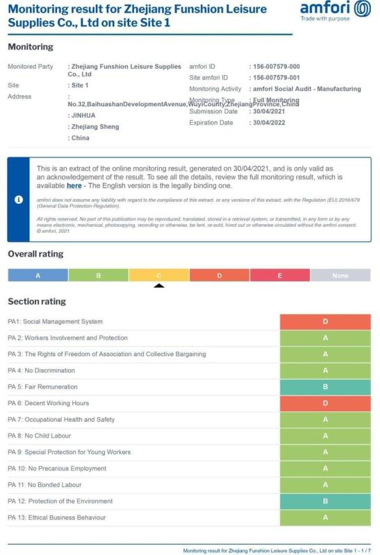 BSCI - Zhejiang Funshion Leisure Supplies Co., Ltd.