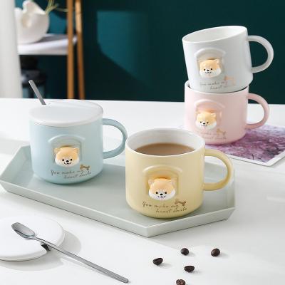 China 3D Disposable Ceramic Shiba Inu Akita Dog Coffee Mug Fancy Cartoon Animal Tea Cup With Lid And Spoon For Dog Lovers Milk Coffee Mug for sale