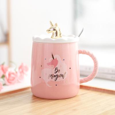 China Unicorn Coffee Disposable Magic Mug with 3D Glod Lid and Spoon Ceramic Tea Water Mug Gift for Women Girls Pink Coffee Mug for sale