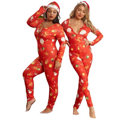 China Plus Size Fashion Plus Size Overalls Womens Clothing Christmas Print Rompers Sexy Long Sleeve Homewear Ladies One Piece Jumpsuit For Woman for sale