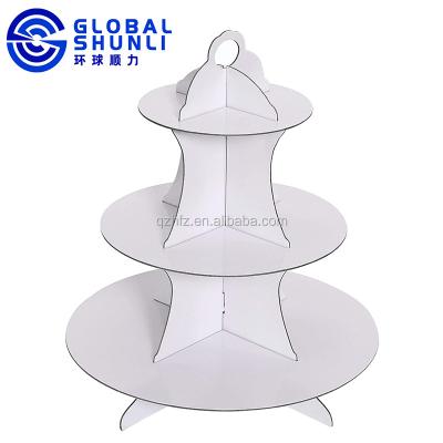 China Disposable White Round 3 Tier Cardboard Cupcake Stand Dessert Tower Pastry Serving Tray for sale