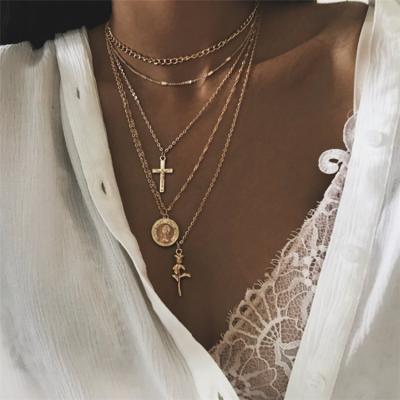 China Reference Picture Fashion Multiple Layers Cross Necklaces For Women Charm Gold Color Necklace Boho Party Jewelry for sale