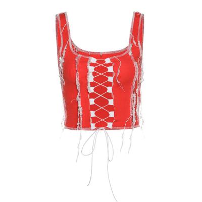 China Fashion Top Striped Women's Camisole Vest Club Party Wear QUICK DRY Drawstring Bandage Hollow Out Patchwork Blazers And Bl for sale