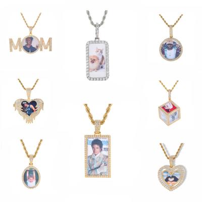 China Hiphop Customized Memory Locket Hip Hop Jewelry Gold Plated Zircon Square Rectangle Shape Picture Custom Photo Frame Pendant Fashion for sale