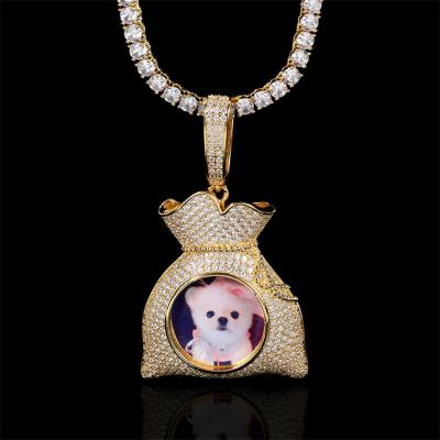 China Custom Picture Pending Bag Hip Hop Jewelry Memory Lockets Silver Pendant Necklace Iced Out CZ Zircon Photo Necklace for sale