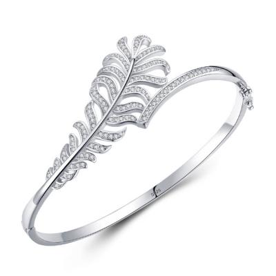 China FASHIONABLE Adjustable Open Feather 925 Sterling Silver Paved Full Zircons Open Feather Cuff Bangle Leaf Cuff Bangle For Women for sale