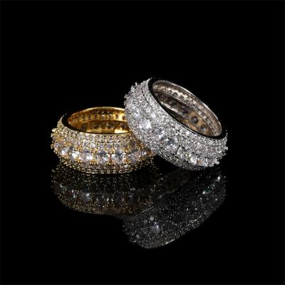 China Fashion Mens Jewelry TRENDY Hip Hop Diamond Finger Ring 18K Gold Plated Micro Pave Five Rows CZ Diamond Ring for sale