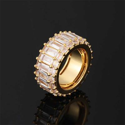 China TRENDY Hip Hop Iced Out Gold Tennis Ring CZ Stack Baguette Cubic Zirconia Chain Ring For Men And Women for sale