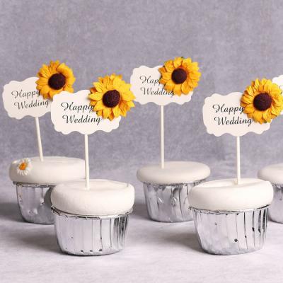 China Sunflower Decorative Paper Cardboard Happy Wedding Party Printed Letters Topper Cupcake Toppers for sale