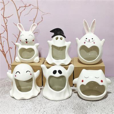 China Custom Hand Paint Porcelain Halloween Candy Dish Holder Stocked Ceramic Ghost Halloween Candy Bowl for sale