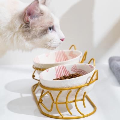 China Non-automatic ODM Custom Porcelain OEM Slow Feeder Puppy Food Dish Slow Eating Ceramic Dog Cat Bowl With Metal Rack Holder for sale