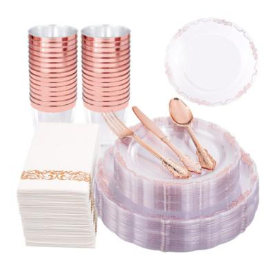 China 175PCS Disposable Transparent Rose Gold 7.5 Inch 10.25 Inch Dinner Plate Western Knife Edge And Forking Disposable Tableware And Tableware for sale