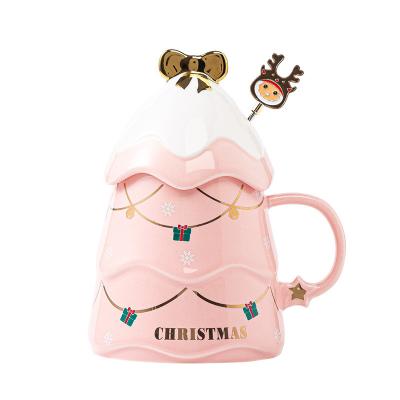 China Christmas Viable Gift Christmas Tree Girl Creative Add To Lid Spoon Christmas Ceramic Drink Mug for sale