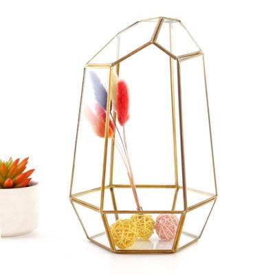 China Mid Century Modern Glass Gold Mini Greenhouse Geometric Mini Greenhouse Vase En Feet Brass Tube Glass Pour Candles for sale