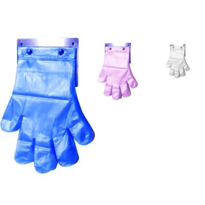 China Food Serving Anti-Slip Design Carefully Screened PE Disposable Plastic Gloves With Key Card Label Label Blocked Gloves For Easy Use for sale