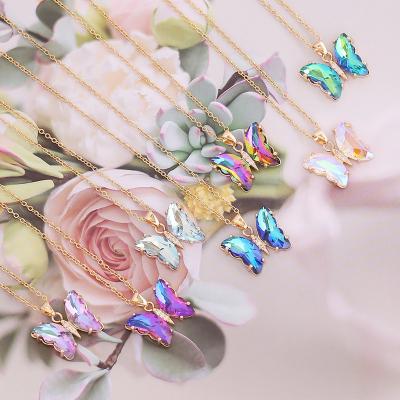 China Cute Cute Butterfly Colorful Gold Plated Stainless Steel Glass Crystal Necklace For Girls for sale