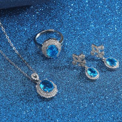 China Trendy Trendy Romantic Sapphire Blue Crystal Necklace Ring jewelry set and 4pcs earrings set for women for sale