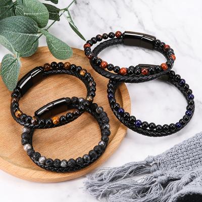 China CLASSIC Natural Volcanic Stone Leather Braid Tiger Eye Beaded Agate Charms Jewelry Bangle Bracelet For Men for sale