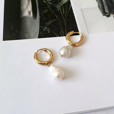 China BOHEMIA Trendy 18k Gold Plated Baroque Freshwater Stainless Steel Pearl Hoop Earrings For Women for sale