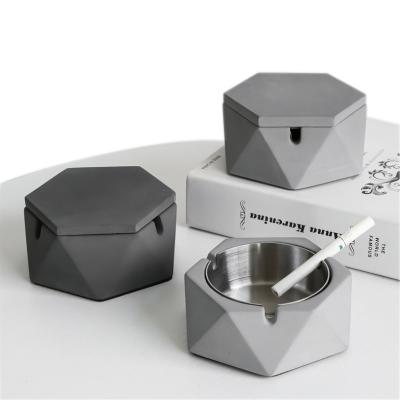 China Cement home decoration accessories smoking ashtray with inner stainless steel for concrete cement ashtray with cover for sale