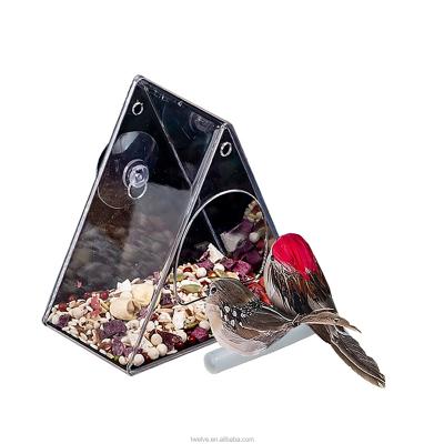 China Viable Bird Carrier Acrylic Transparent Triangle Around Food Water Feeder Bird Carrier Window Bird Feeder for sale