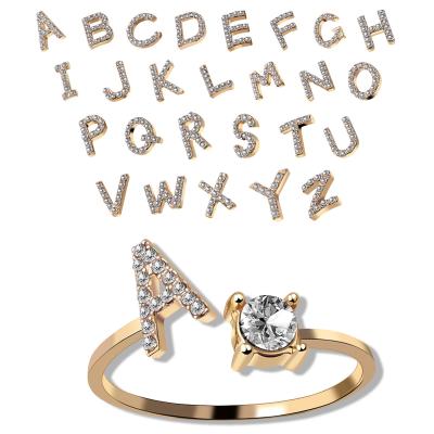 China TRENDY Fashion Engagement Party Gift For Women Gold Letters Initials Open Rhinestone 26 Ring for sale