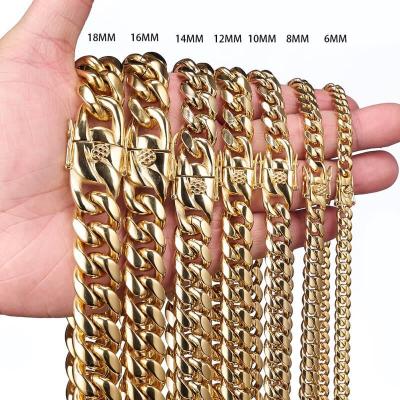 China Hiphop Cuban Link Stainless Steel Titanium Necklace 6mm-18mm For Men Hip Hop 14k 18k Miami Gold Plated Restrictor Cuban Link Chain for sale